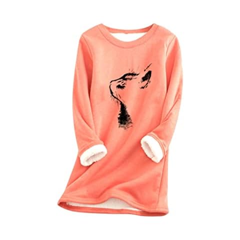 OMZIN Women's Funny Cat Print Tops Long Sleeve Sherpa Lined Fleece Pullover Casual Round Neck Sweatshirt Watermelon Red L Cover