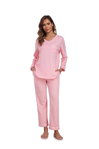 COLORFULLEAF Women's 100% Cotton Pajama Set Long Sleeve Sleepwear with Pants Soft Comfy Two-Piece Pjs with Pockets2