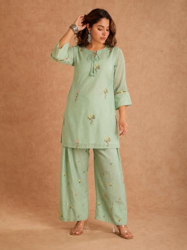 Image of ANNI Designer Farshi Salwar Suit for Women Viscose Embroidered | Co Ord Set for Woman | Straight Kurta Palazzo Outfit Round Neck V Slit 3 /4 Sleeve Ethnic Dress Womens Clothing