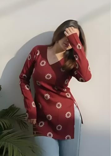 Image of SAICHA Women's Floral Print V-Neck Long Sleeve Casual Short Kurti Top