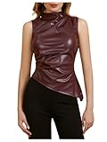 MakeMeChic Women's PU Leather Tank Top Mock Neck Y2k Ruched Party Sleeveless Leather Tops Burgundy Large
