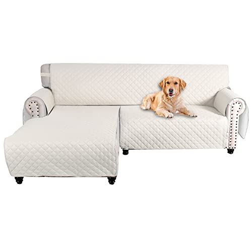 Couch Cover Sectional L-Shaped Sofa Cover Waterproof Reversible Couch Chaise Cover Sectional Sofa with Elastic Straps Furniture Protector for Kids Pets (Beige, Medium)