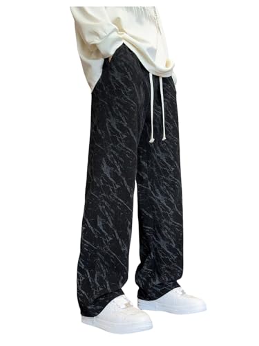 Men's Graphic Corduroy Pants Drawstring Waist Wide Leg Casual Pants with Pockets Streetwear