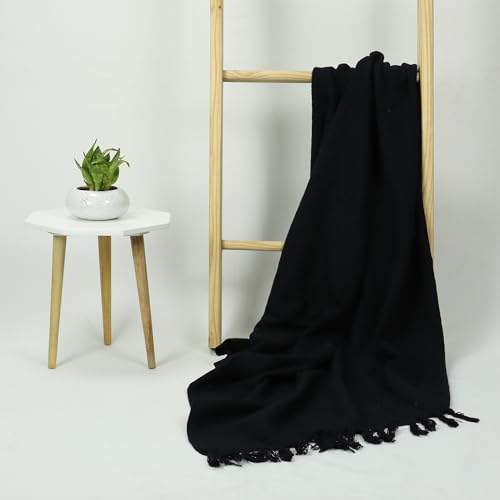 Image of Cotton Black Tasseled Throw Blanket | Sofa Throw 50x60 Inch, 127x 152 cm | Reversible, Breathable and Lightweight (Pack of 1)