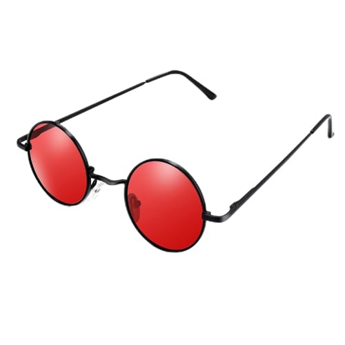 Morcheiong Polarized Hippie Sunglasses Retro Round Glasses for Women Men Vintage Circle Sunglasses UV400 (Black Frame Red Film)