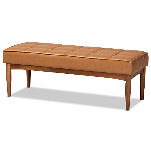Baxton Studio Sanford Mid-Century Dining Bench Tan Faux Leather Upholstered