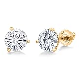 Gem Stone King Solid 14K Gold Round Moissanite Martini 3 Prong Secure Screw-Backs Stud Earrings For Women Men | 1.50 Cttw | Round 6MM