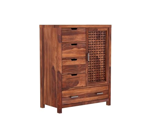 Image of Solid Sheesham Wood 5 Drawer Chest of Drawers with 2 Shelf Storage and Spacious Dresser for Hall Home Office Furniture, Kitchen Cabinet (Honey Finish)