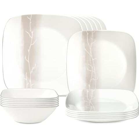 Corelle Vitrelle 18 Piece Glass Dinnerware Sets, Rectangular Square Plate and Bowl Set Service for 6, Triple Layer Chip & Crack Resistant Glass Plate and Bowl Sets, Wandering Grove Cover