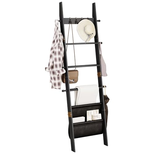 ELYKEN Blanket Ladder for Living Room 5-Tier Wooden Towel Rack with Synthetic Leather Pocket 4 Removable Hooks Decorative Leaning Ladder Shelf for Bedroom Black