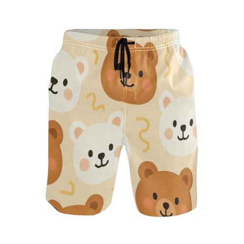 ODAWA Cute Bear White Brown Men's Beach Shorts Casual Elastic Waist Drawstring Summer Beach Shorts S