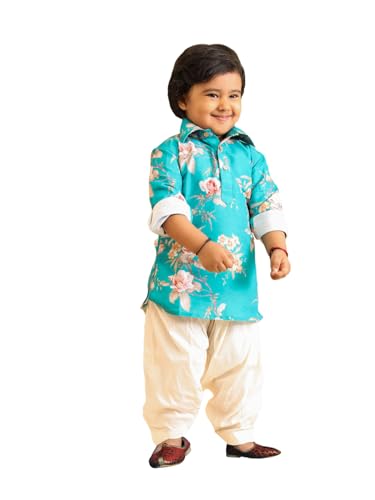 Image of Vastramay Sishu boys Vastramay Infant Boys Multicolor Base Turquoise Muslin Cotton Kurta Patiala Set