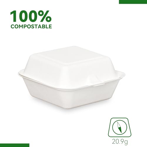 Amozife 100% Compostable 6x6 Clamshell Take Out Food Containers, Eco-friendly Heavy Duty Biodegradable Bagasse To-Go Containers [Pack of 50] - Thumbnail 2
