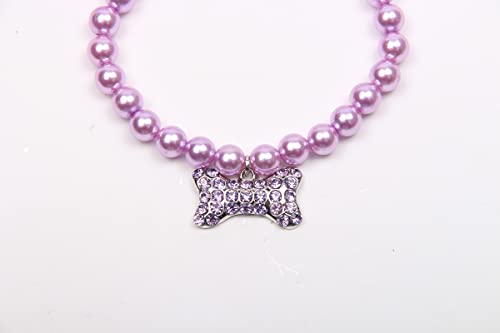 Xksrwe Dog Pearls Necklace Collar With Rhinestones Bone Charm Pendant Pet Puppy Jewelry (Size S 8", Purple) #TOP2