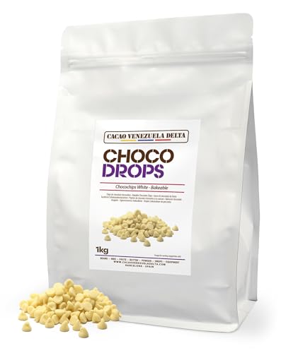 Cacao V Delta Pepitas de Chocolate Blanco 1 Kg Para Repostería - Chips de Chocolate para Hornear y Topping - 24% de Cacao No GMO, Sin Gluten, Premium, Puro, Natural