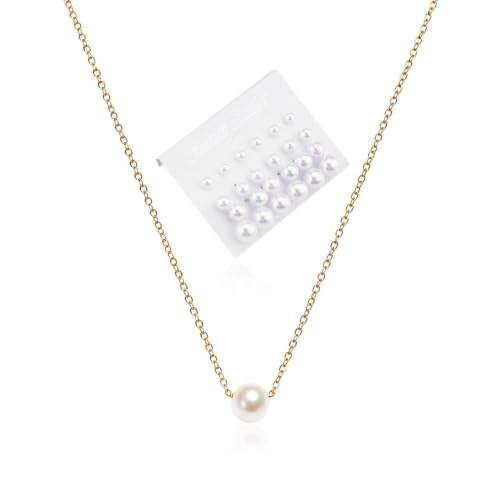Image of Pearl Earring and Necklace for Wedding Earring Necklace Pearl Accessory | 12 Pairs Pearl Stud Earring, Gold Pearl Choker Necklace, Birthday Christmas Gift for Bride, Engagement Pearl Earring Necklace