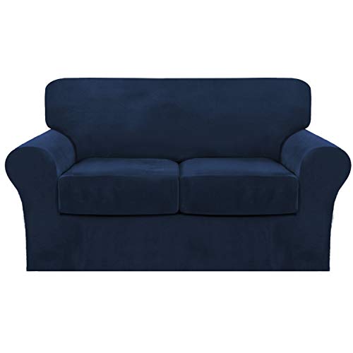 3 Piece Sofa Covers Velvet Couch Covers For 2 Cushion Couch Stretch Loveseat Slipcover With Individual Seat Cushion Covers Elastic Furniture Protector For Pets, Machine Washable (Loveseat, Navy) #TOP4