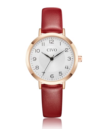 CIVO Montre Femme Etanche Analogique Montres Bracelet pour Femme Cuir Quartz Montre Femme Cuir Luxe Mode Montres Femmes Entreprise Adolescent Rouge