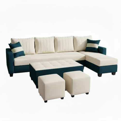 Image of FURNY Avenue 8 Seater Fabric RHS L Shape Sofa Set with 1 Centre Table & 2 Puffy (Cream-Greenish Teal) Premium Velvet Finish
