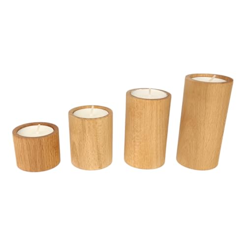 GoodFreshDecor Kerzenständer aus Buchenholz - Teelichthalter Holz - Set 4 Stück - Mit Teelichter - Rund Natur Geölt