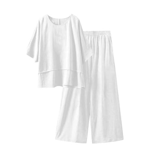 Wyongtao Ensemble Lin Pour Femme Eté Chic Chemise Lin Femme Manches Courtes Et Col Round Et Pantalon Large Deux Pièces Loungewear Set Ample Fluide Vetement Femmes Ete 2 Pièces Sets