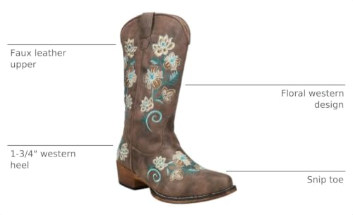 Image of ROPER Womens Riley Floral Embroidered Snip Toe Casual Boots Mid Calf Low Heel 1-2 inch - Brown