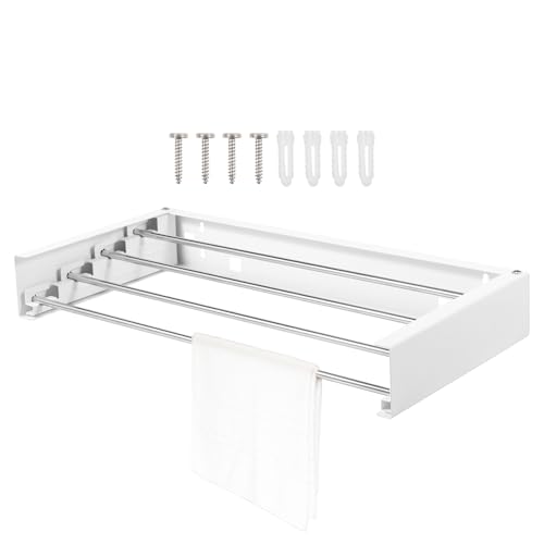 NIHUIFDPY Foldable Wall Mounted Clothes Rack, Retractable Clothes Drying Rack with 4 x 50cm Rods, Collapsible Drying Racks for Outdoor Indoor
