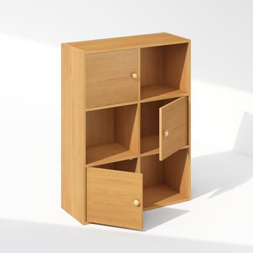 Furinno Pasir 6-Cube Storage Organizer with 3 Doors, Steam Beech