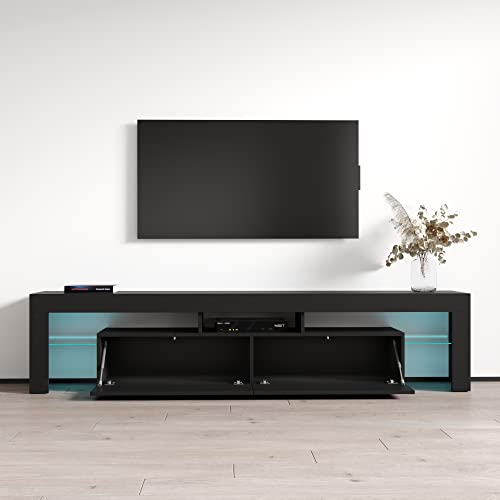Meble Furniture Milano 200 TV Stand - Solo Modern High Gloss TV Stand with Storage Cabinets and LED Lights - Media Entertainment Center Console Stand for TVs Up to 90" - Black/Black