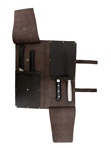 Genuine Lightweight Premium Leather Professional Dark Brown Chef Knife Bag/Chef Knife Roll 4 Slots Space #K17