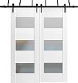 VDOMDOORS Sliding Closet Opaque Glass Barn Bypass Doors 72 x 80 inches/Sete 6003 White Silk/Modern 6.6 Feet Rails Hardware Set/Wood Solid Bedroom Wardrobe Door
