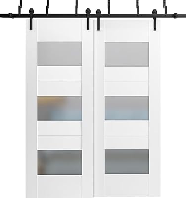 VDOMDOORS Sliding Closet Opaque Glass Barn Bypass Doors 72 x 80 inches/Sete 6003 White Silk/Modern 6.6 Feet Rails Hardware Set/Wood Solid Bedroom Wardrobe Door