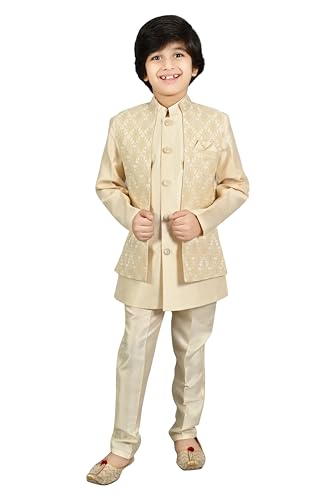 Image of AHHAAAA Kids Ethnic Silk Blend Waistcoat Kurta Pyjama Sherwani Set For Boys