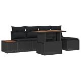 YNGBHFNOP Garten Essgruppe mit Kissen 6 pcs Schwarz und Braun Polyrattan Sitzgruppe für Terrasse Balkon mit Stauraum Tisch Akazienholz UV beständig