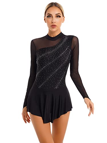 Alvivi Maillot de Danza para Mujer Patinaje de Manga Larga Maillot Gimnasia Rítmica con Falda y Pedrería Brillante Vestido de Baile Disfraz Bailarina S-XXL A Negro S