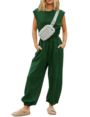 Flygo Womens Casual Jumpsuit Crewneck Cap Sleeve Long Wide Leg