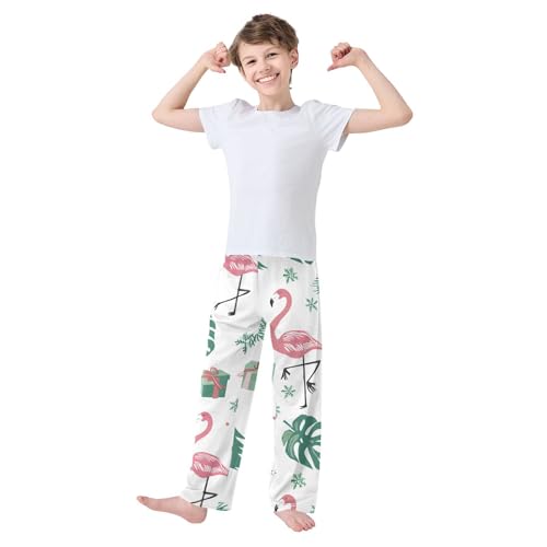 Xmas Flamingo Palm Tree Boys Long Pants Soft Trousers Elastic Waist Kids Lounge Bottoms with Pockets S-XL2