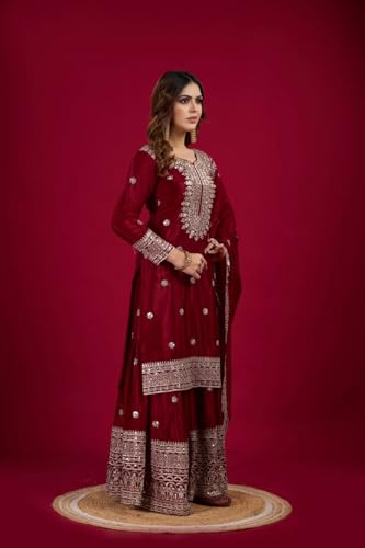 Image of Women's Heavy Embroiderd Work Purple Color Weding Wear Straight Kurta Sharara Set for Women with Dupatta
