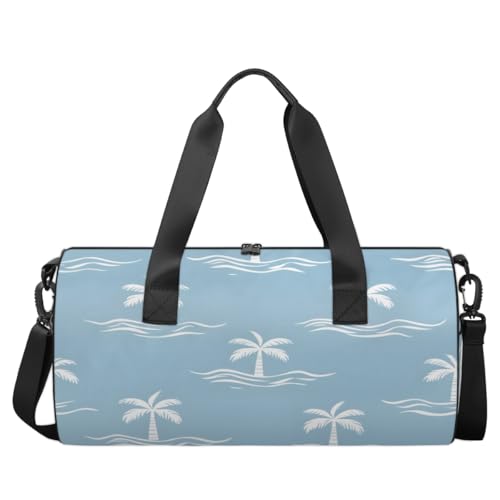 Coconut Tree Sky Blue Round Barrel Sports Fitness Bag, Travel Luggage Bag, Reusable Handbag, Suitable For Men and Women2