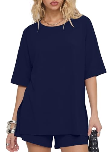 Image of Darong Women's 2 Piece Shorts Set Loungewear | oversized tshirts,crew neck top,drawstring shorts,elastic waist, side pockets,summer travel outfits