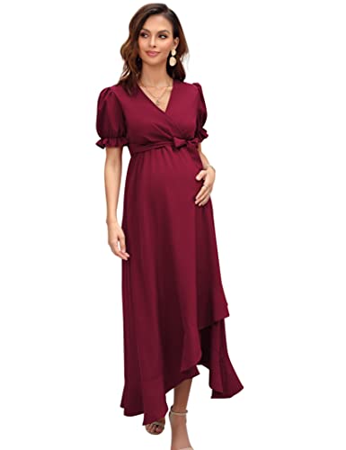 KOJOOIN Damen Umstandskleid V-Ausschnitt Stillkleid Kurzarm Schwangerschaftskleid mit Rüschen Blumenkleid Weinrot Blumen XL