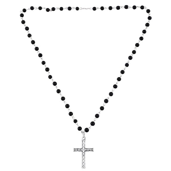 Black Beaded 5 MM Cross Pendant Necklace for Men & Women Stainless Steel-image-45