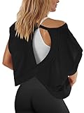 Panadila Womens Open Back Workout Top Oversized Workout T Shirts Backless Athletic Shirt Short Sleeve Baby Tee (Black,S)