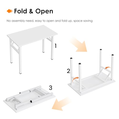 Image of Need 35.8 Inch Folding Desk for Small Spaces, Home Office Computer Desk with Wood Top & Black Frame, Foldable Writing Table for Study, Bedroom, Dorm Room & Student, White