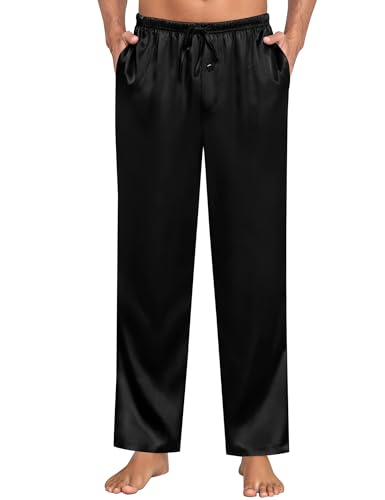 SWOMOG Mens Satin Silky Pajama Pants Soft Silk Long Pajama Bottoms with Drawstring & Button Fly & Pockets