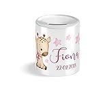 Baby Giraffe Kinder-Spardose personalisiert mit Name und Datum für Junge Boy oder Mädchen Girl zur Einschulung Taufe Geburtstag Geburt Sparschwein (Mädchen)