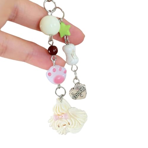 KASFDBMO Llavero con colgante de cuentas de perro de resina, elegante llavero para cámara y teléfono, accesorio para teléfono móvil, Cachorro blanco arroz