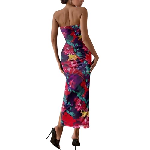 Image of Women's Tube Top Maxi Dresses Printed Tie Dye Strapless Bodycon Long Dress Split Side Sleeveless Party Elegant Outfits