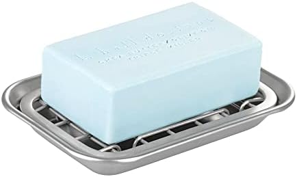 mDesign Metal 2-Piece Soap Dish Tray with Drainage Grid and Holder for Kitchen Sink Countertops to Store Soap, Sponges, Scrubbers - Rust Resistant - Brushed