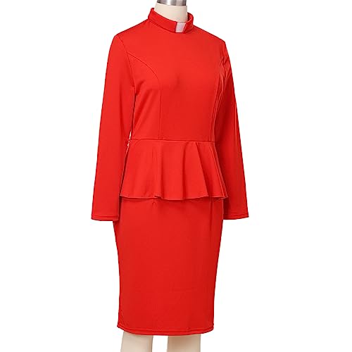 Image of FAD-4U Church Clergy Dress for Women Minister Long Sleeve Ruffle Slim Pencil Dress with Tab Insert Stand Collar